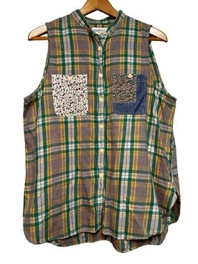 Denim & Supply Ralph Lauren Green Yellow Plaid Button Up Large Patchwork Boho